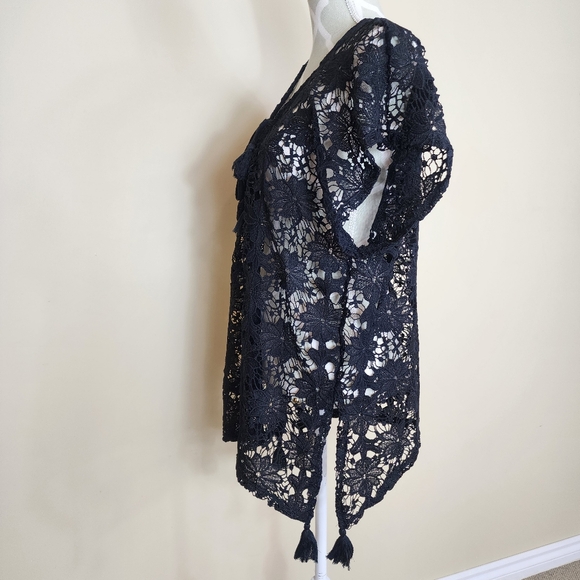 Lacey Floral Crochet Bikini Swimsuit Cover Up Dress Top with Tassels Size Medium - Picture 4 of 12